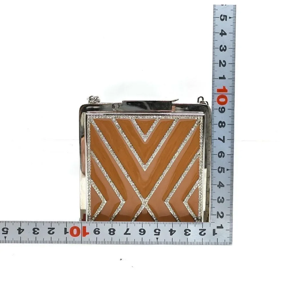 Auth Valentino Garavani Tan Enamel Rhinestone Geometric Clutch Minaudière Chain